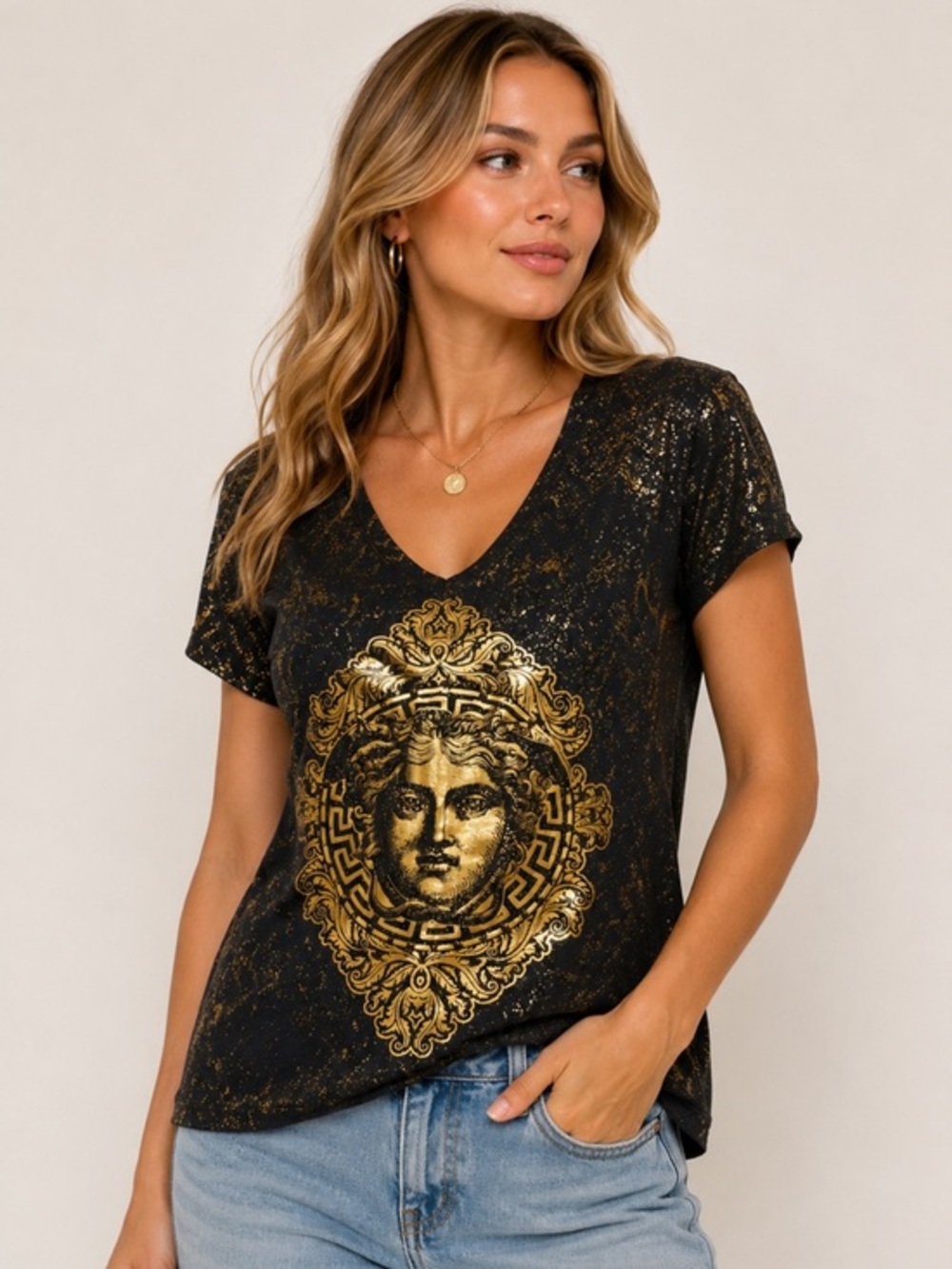 RAW Own The Now Black Gold Medusa Graphic V-Neck Tee Size Large